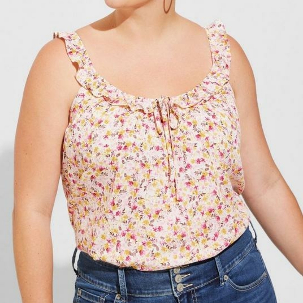 Torrid Crinkle Gauze Ruffle Tie Front Tank Sunshine Ditsy Floral NEW Large